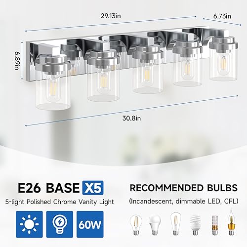 Miniatura 3 de Lámparas de baño, 5 luces de tocador de baño sobre espejo, luces de tocador de cromo pulido con pantalla de cristal, aplique de pared moderno de 31