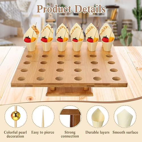 Miniatura 3 de 150 conos de madera desechables para alimentos con 36 agujeros, soporte de exhibición de cono de helado de bambú y 150 palitos de bambú coloridos