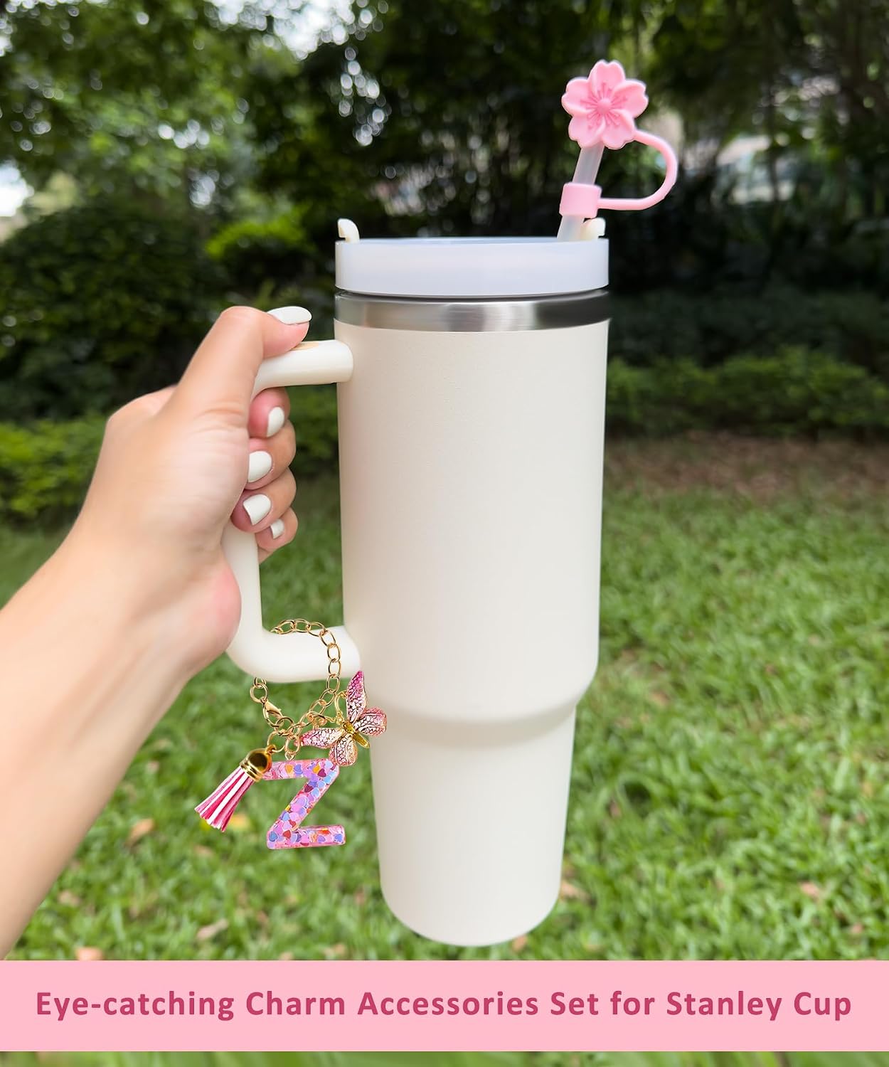 Compatible with Stanley Cup Accessories, Letter Charm and 3Pcs Silicone Straw Cover, 0.4" 10MM Straw Toppers for Stanley 30 40 oz Tumbler, Pink Initial Letter Charm with Butterfly and Tassel (Z)