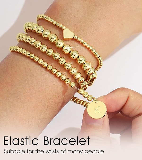Howoo Gold Bracelets Mothers Day Gifts for Women Beaded Initial Bracelet Stack Dainty Heart Stretch Gold Charm Bracelet Jewelry for Women Trendy by Howoo - Used condition - Image 4