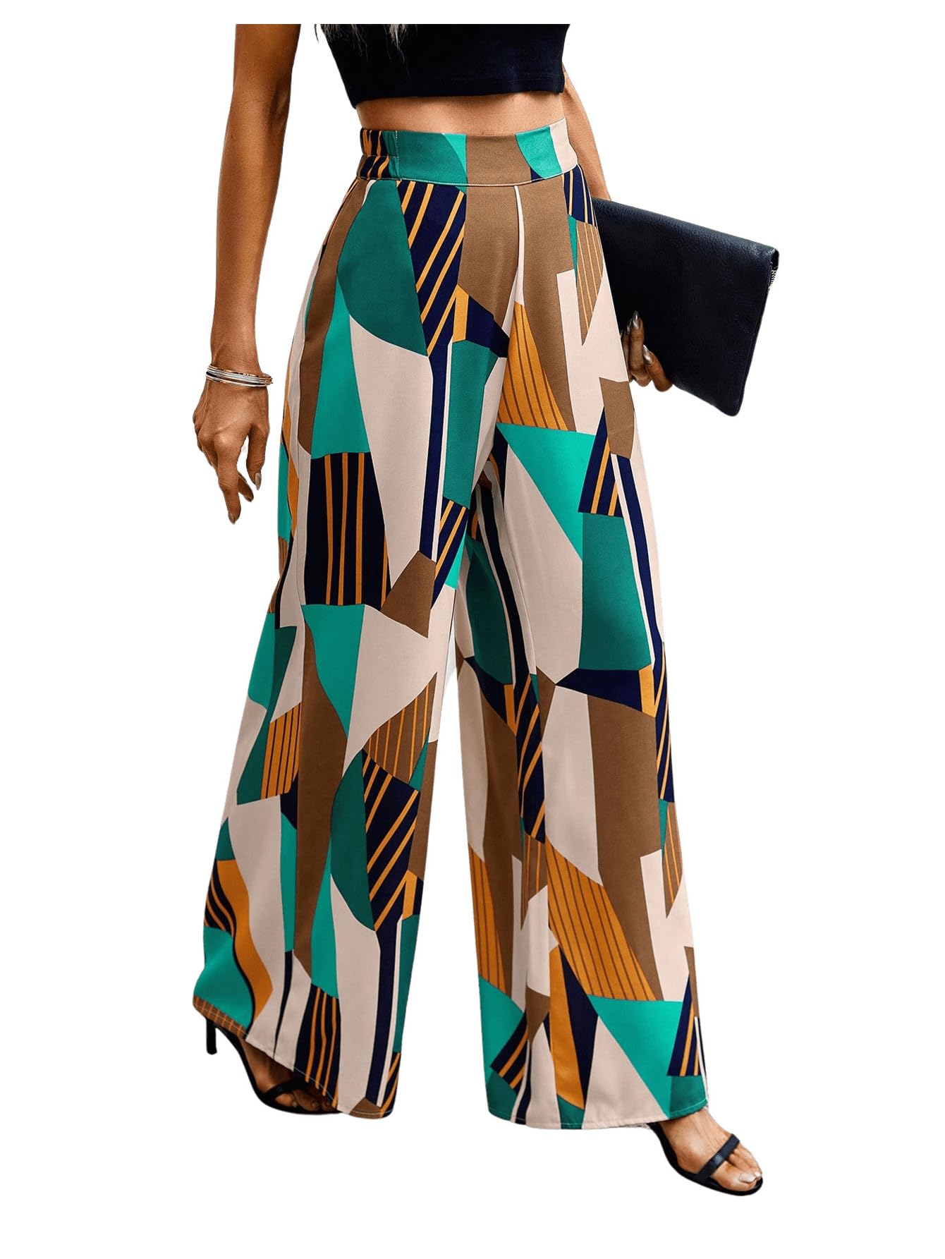 Ugerlov Womens High Waisted Dress Pants SOLY HUX Women's Elastic Waist Wide Leg Dress Pants - Office Work Trousers Pleated Wide Leg Trousers