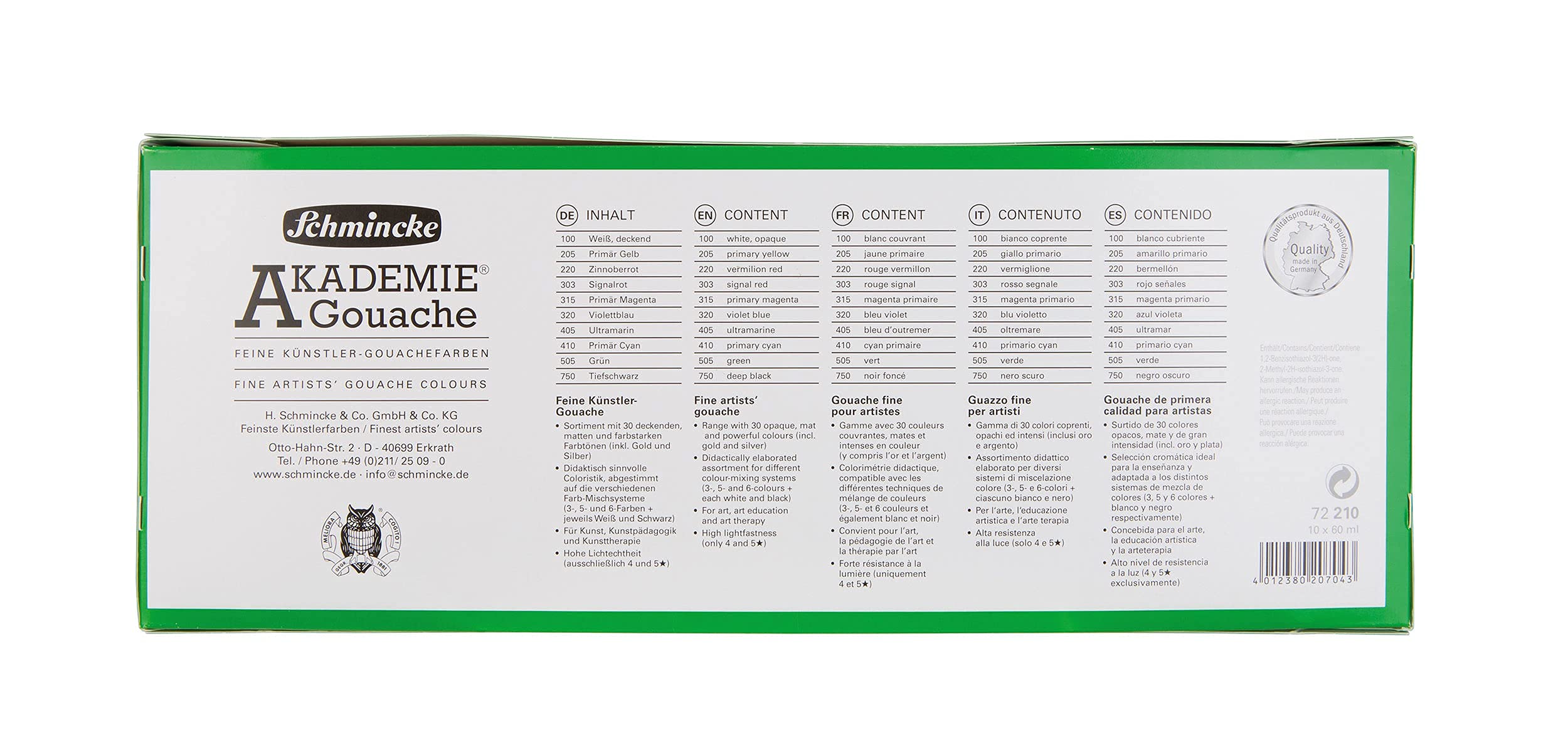 Schmincke - AKADEMIE® Gouache, 10 tubetti da 60 ml, 72 210 097, 10 tubetti di guazzo fine in un set di cartone, colori opachi e forti, alta resistenza alla luce