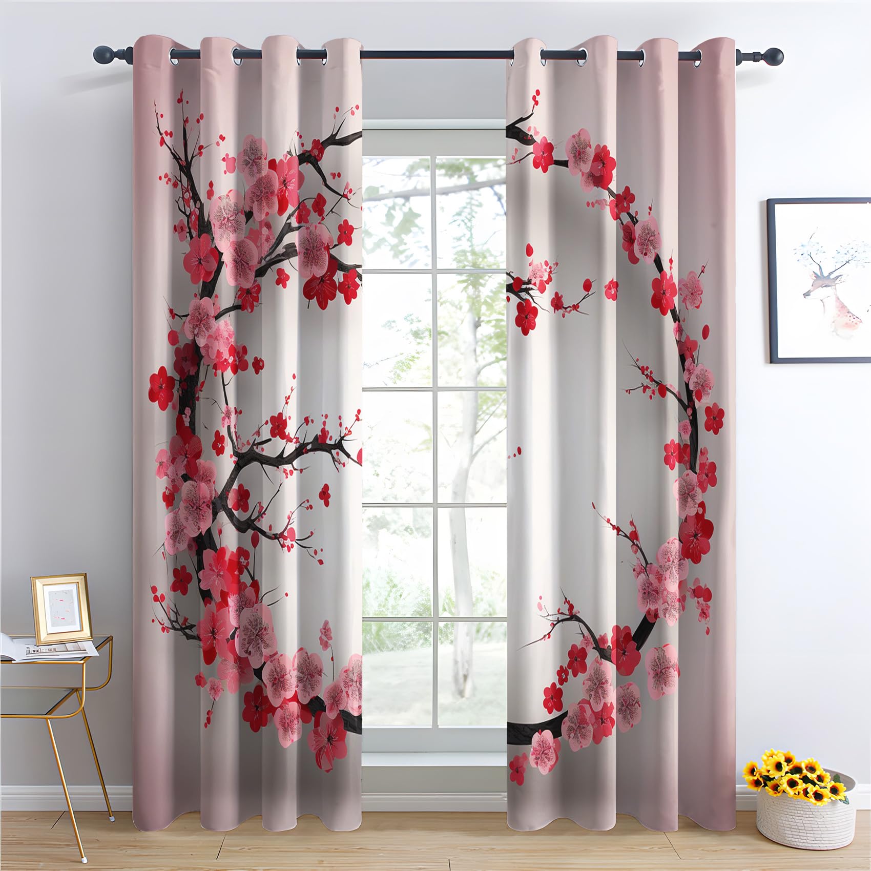 Rideau Occultant, Motif Fleur de Cerisier Japonais - Rideaux Thermiques Imprimé pour Salon Chambre Fenetre, Lot de 2 Rideaux et Draperies Intérieurs à Oeillets, 140x240 cm (L x H)