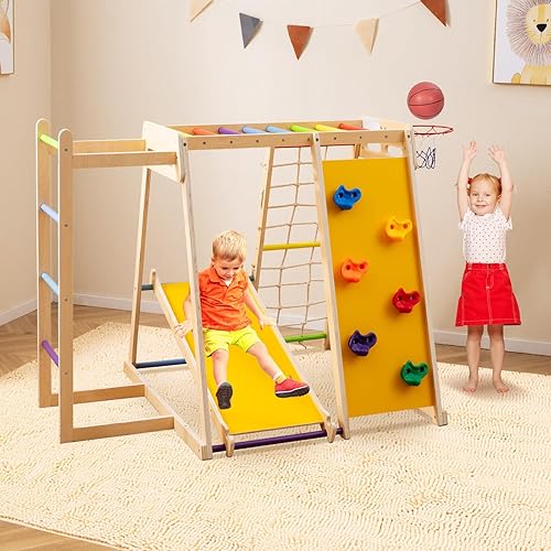 Miniatura 2 de Costzon Zona de juegos interiores, gimnasio Montessori 6 en 1 para niños con tobogán de bebé, pared de escalada en roca, aro de baloncesto, barra de