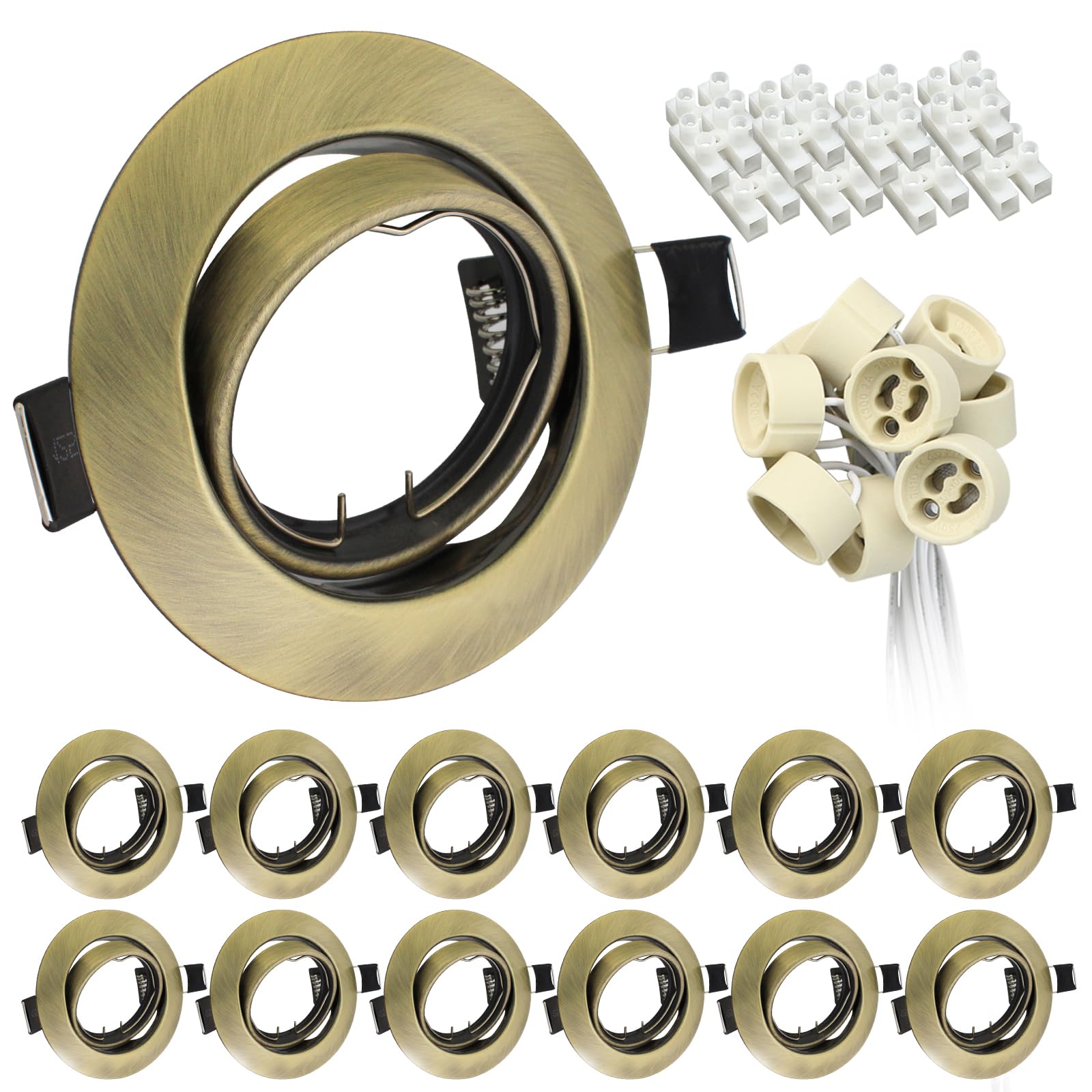 Wondlumi 12x GU10 Downlights for Ceilings 360° Tilt Swivel Recessed Ceiling Lights Metal Frame Round Antique Brass Spotlights Fitting 240V, Outer Diameter: 90mm, Cut-Out Hole: 68-85mm, No Bulbs