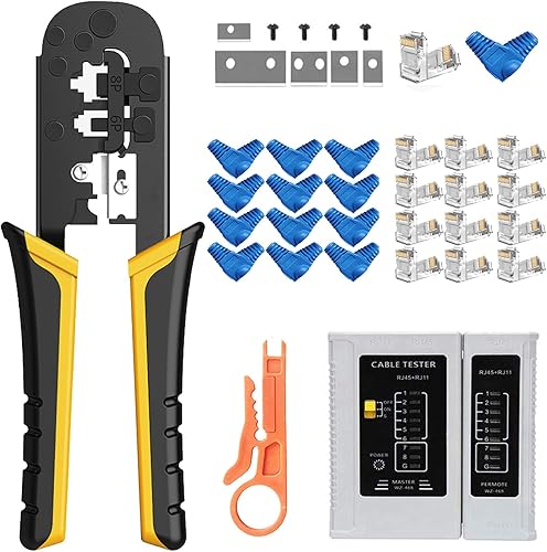 TAIWAIN Crimp Network Tool for RJ45/RJ11/RJ12 Crimper Cat5/Cat7/Cat6 Crimping Pliers Cutter, Network Wire Stripper Kit for Regular End-Pass-Through
