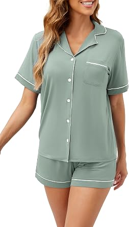 LUBOT Womens Bamboo Viscose Pajamas for Women PJ Set 2 Piece Cooling Soft Short Sleeve Capri Pants Summer Sleepwear Set S-XXL