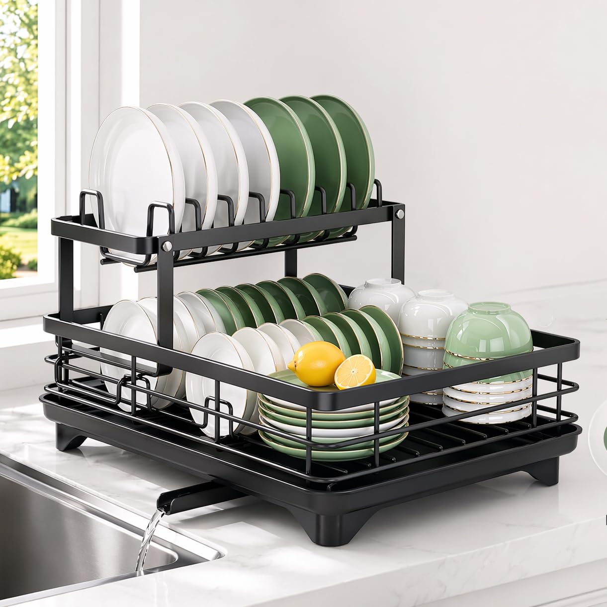 Dish Drying Rack, 2 Tier Space-Saving Dish Rack for Kitchen Counter, Dish Drainer Stainless Steel Rustproof with Drainboard, Utensil Holder