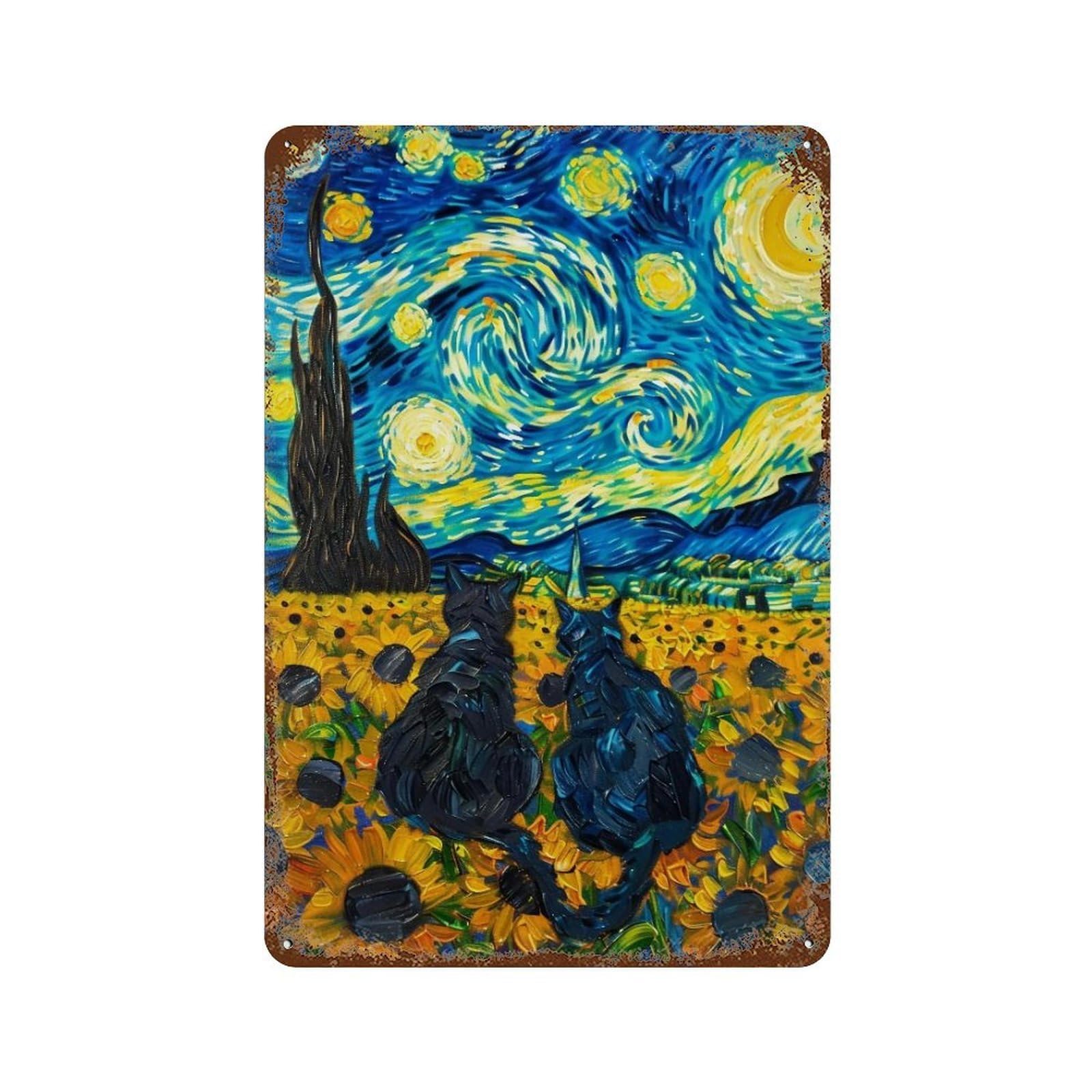 YHGERTKU Starry Night Cats 01 Wall Art Retro Iron Vintage Metal Tin Sign Poster Modern Decor for Living Rooms Gift 30x20cm