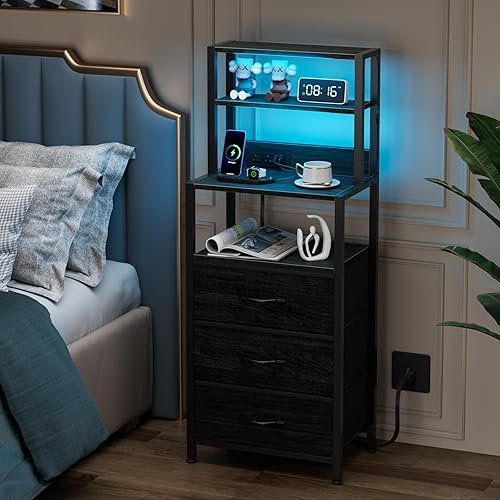 Miniatura 8 de Furnulem Mesita de noche alta con estantes de 4 niveles y 3 cajones de tela, mesas auxiliares de cama LED con estación de carga, mesita de noche