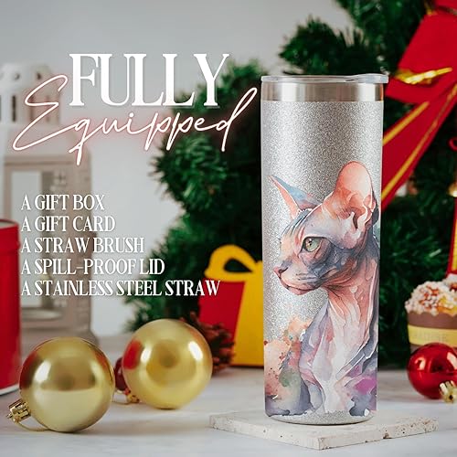 Miniatura 3 de Onebttl Sphynx - Regalos para gatos de Esfinge, mamá o papá, vaso aislado de acero inoxidable de 20 onzas con popote, cepillo, tapa y caja de regalo
