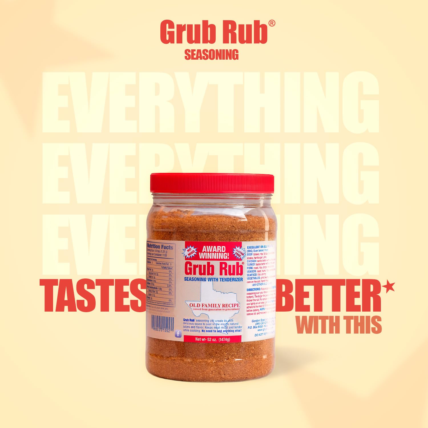 Grub Rub BBQ Blend – Award-Winning Seasoning Family Recipe For Smoking & Grilling Moist, Tender, Juicy Meats - Pork, Steak, Brisket, Seafood, Veggies & More 52 Ounce