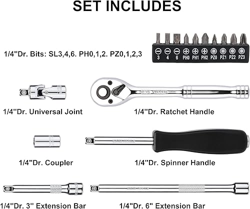 Miniatura 4 de Mayouko Juego de 62 llaves de vaso de 1/4 de pulgada, SAE/métricas, juego de llaves de vaso Dr. de 1/4 pulgadas con trinquete y adaptadores, 5/32