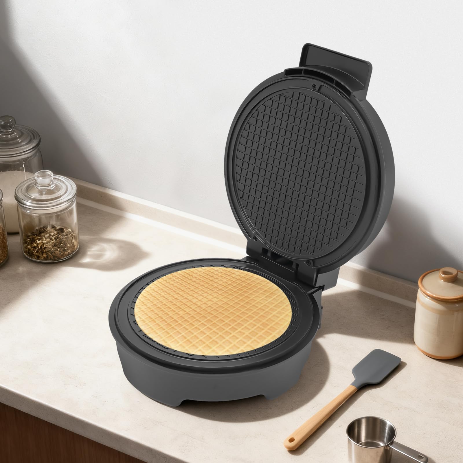 Gofrera de 1200 W para helados, cuernos y gofres, termostato ajustable, revestimiento antiadherente, acero inoxidable con forma de cono