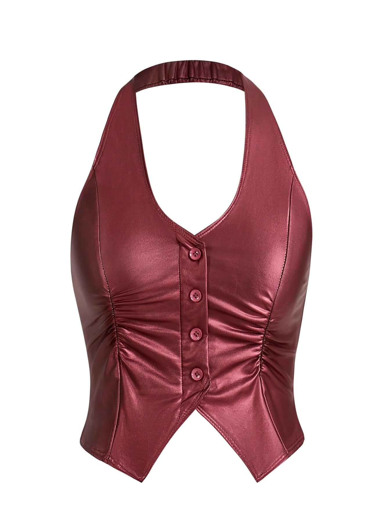 Floerns Women PU Leather Backless Halter Tops Button Front Ruched Party Club Bar Going Out Tank Top Rave Concert Outfits