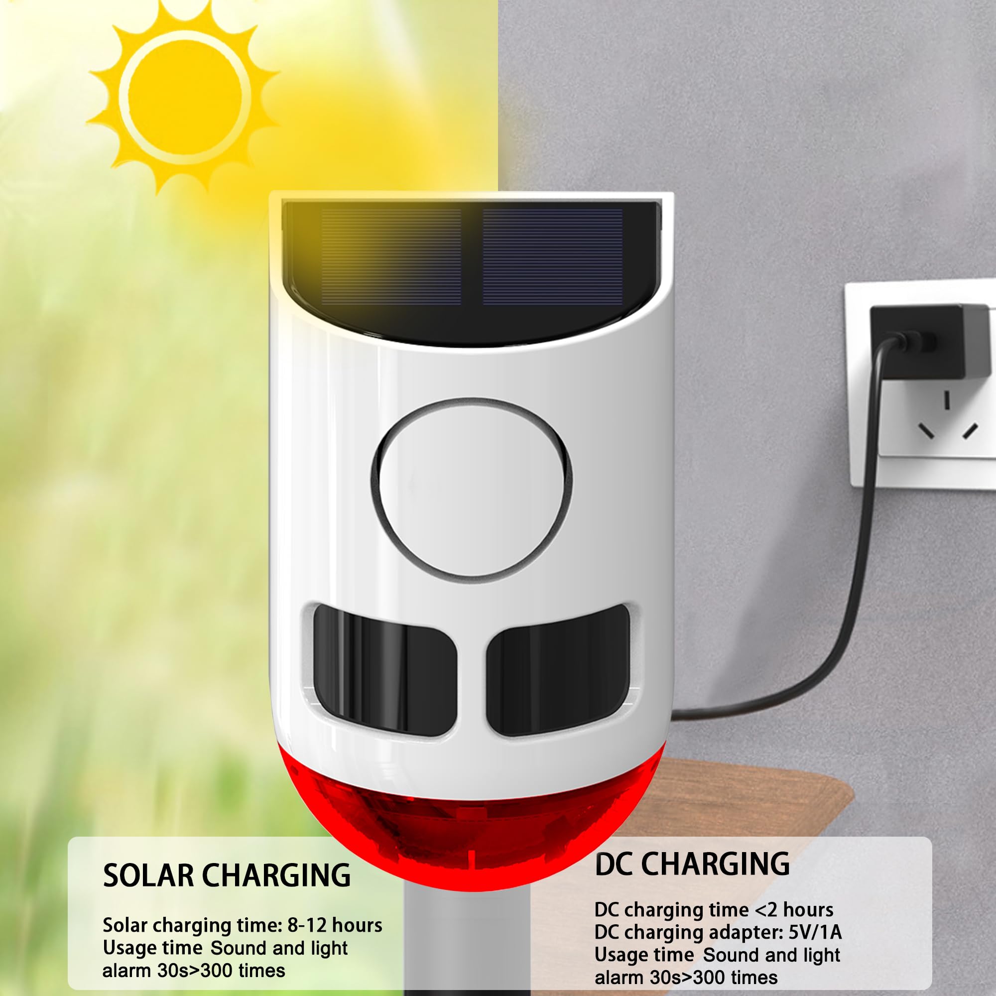 Solar Outdoor Bewegungsmelder Alarm-110db Lauter Geräuschemacher, 4 Arbeitsmodi Stroboskoplicht mit USB für Zuhause, Villa, Hof, Hühnerstall, Bauernhof, Scheune 4 PCS