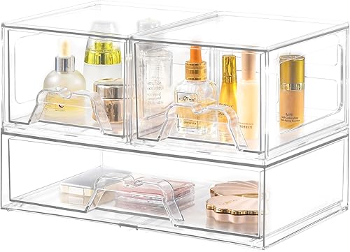 Miniatura 8 de Paquete de 3 organizadores de maquillaje apilables, organizador de baño acrílico de 12.1 pulgadas de largo y cajón de almacenamiento debajo