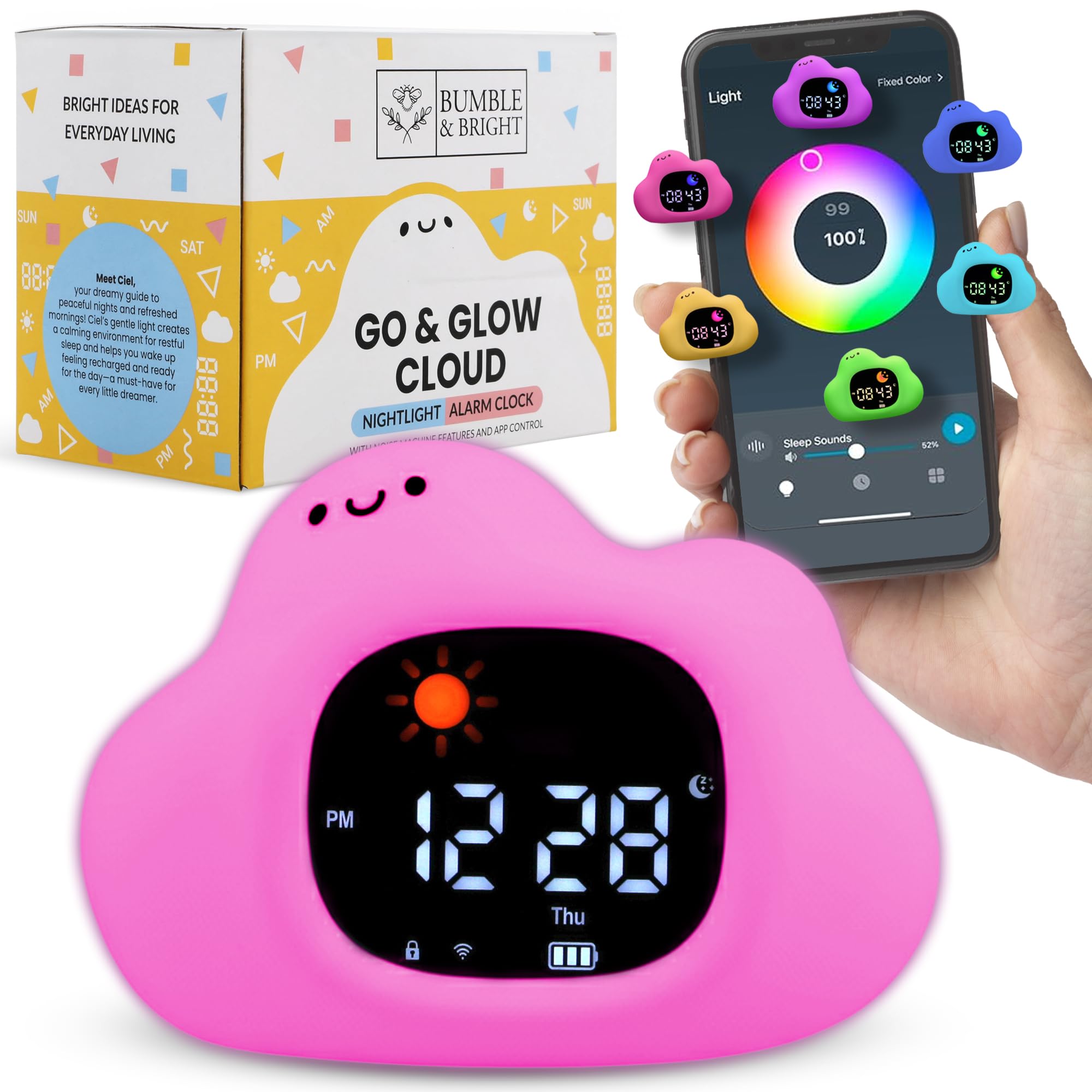 Bumble & Bright Wecker für Kinder mit App-Steuerung, niedlicher USB-C-Kabel für Kinder und Kleinkinder, mit 8 Nachtlicht-Farben und 6 beruhigenden Geräuschen (Hase) (Wolke)