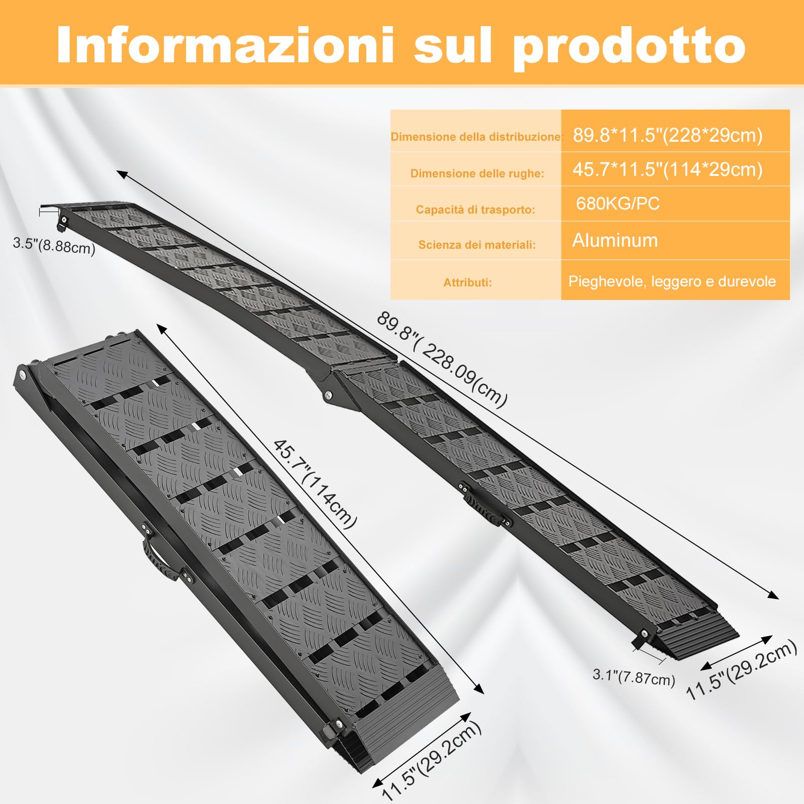 gardhom Rampa Moto Robusta Pieghevole 340Kg Alluminio Rampe per Auto Portatile 228X28X4.5cm Rampe Di Carico per Adatta A Tosaerba, Biciclette e Quad