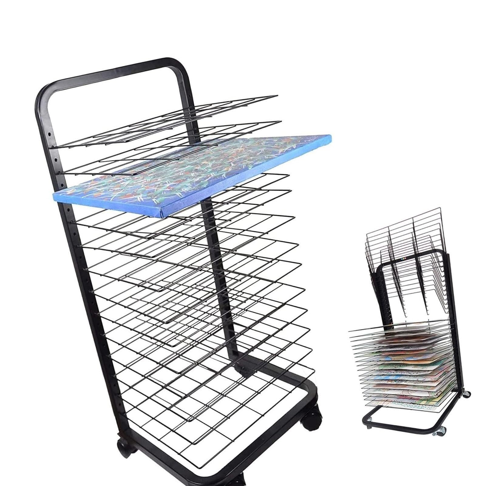 PPXCZZ Mobile Metal Art Drying Rack with 20 Removable Shelves, Rolling Artwork Storage Display Stand for Classrooms & Studios