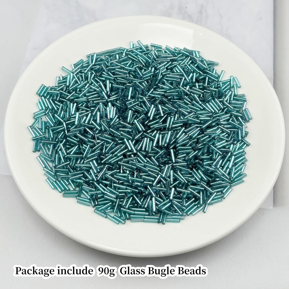 90g Glass Bugle Beads 7x2mm Embroidery Tube Glass Spacer Bulk Small Craft Long Beads for Necklaces Bracelets Earrings DIY Jewelry Making(Lake Blue) - Image 2