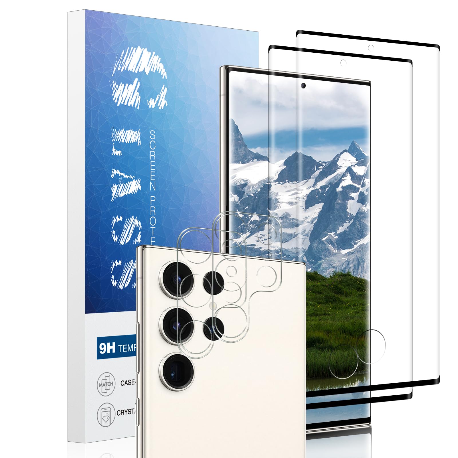 Screen Protector Samsung Galaxy S23 Ultra, Tempered Glass Curved Full Coverage, Anti-Scratch, Touch Sensitive, Ultra HD Saver Shield Film, 2 Curved Screen Protectors + 2 Camera Lens Protectors.