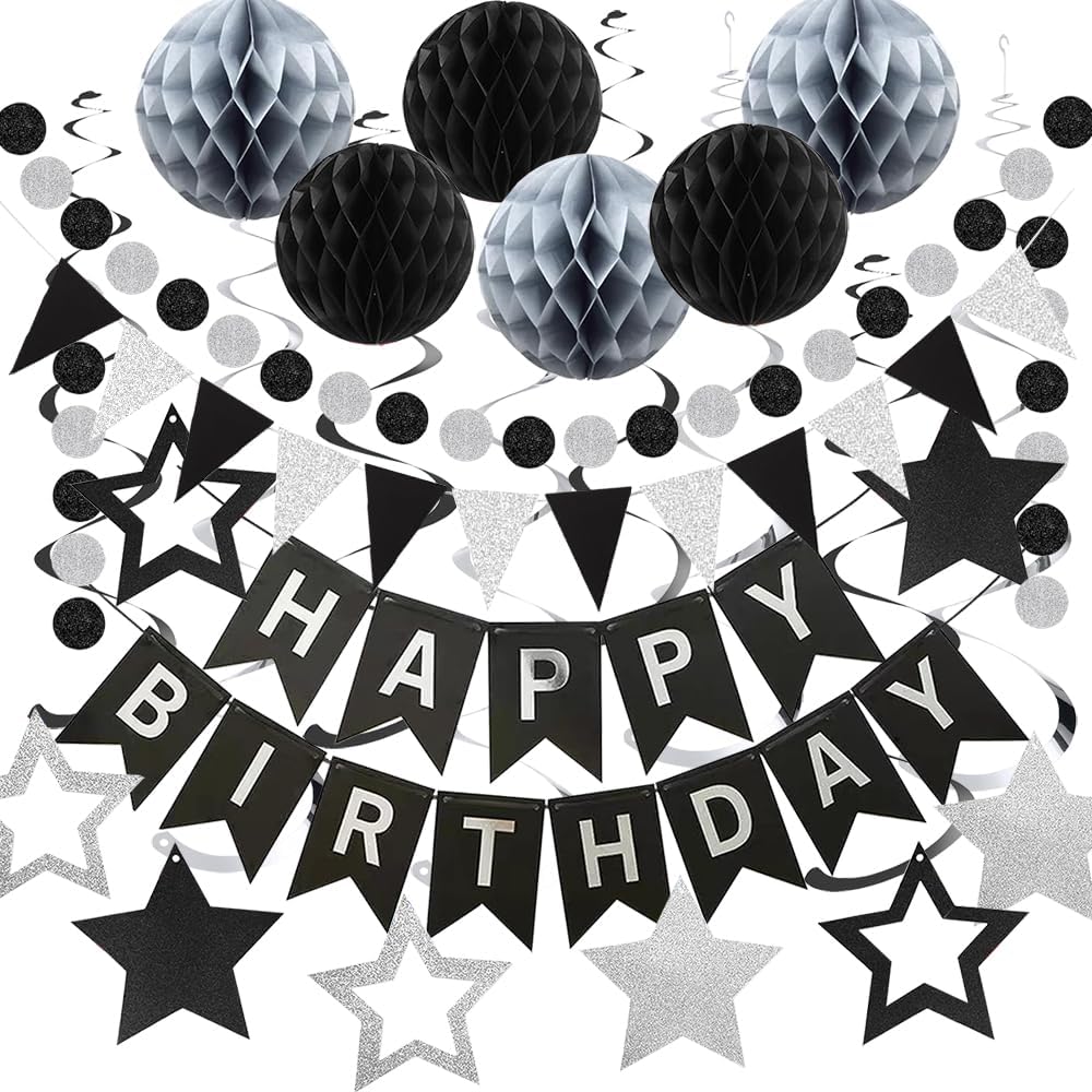 Black and Silver Birthday Decorations, Black Birthday Decorations for Men