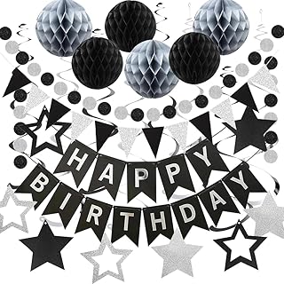 Black and Silver Birthday Decorations, Happy Birthday Banner with Honeycomb Ball, Star Hanging Swirl Streamer, Circle Dot Garland Decorations - Birthday Party Decorations for Men Boys Women Girls