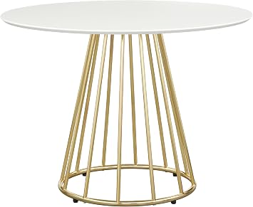 Malika Modern 43" Round Dining Table with Elegant Metal Spindle Base, Small Dining Table for 4, Contemporary Kitchen or Dining Room Table, White/Gold