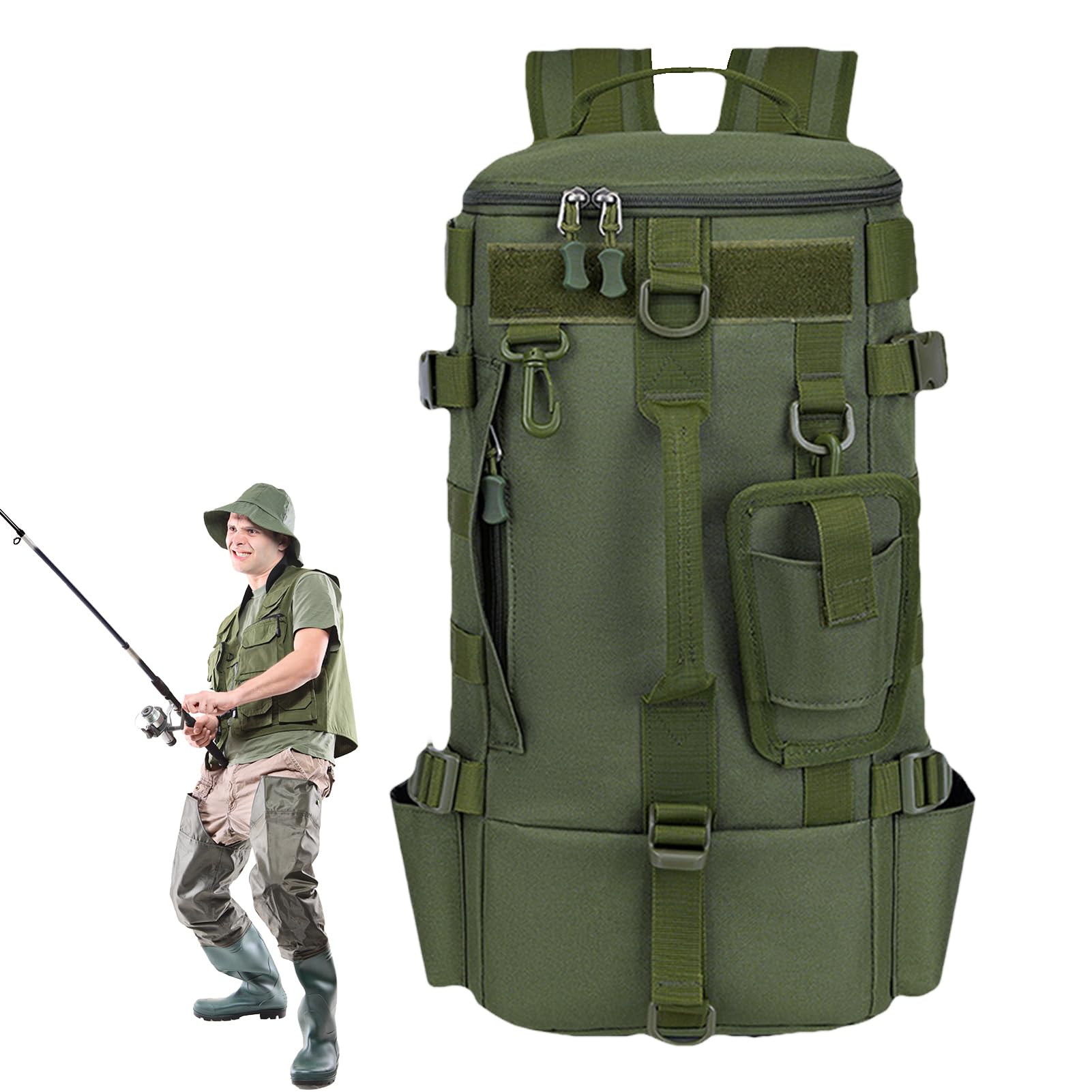 Zaino per attrezzatura da pesca, borsa portaoggetti da pesca all'aperto | con supporti per canna da pesca, borsa versatile per campeggio, escursionismo e attrezzatura da pesca, Verde militare, Siehe