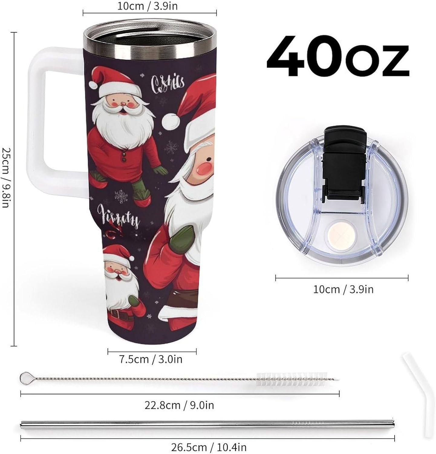 Christmas Santa Claus Travel Coffee Mug Reusable Durable Stainless Steel Insulated Tumbler with Handle And Straw Leak Resistant Portable Thermal Cup Gifts for Men Women 40 Oz