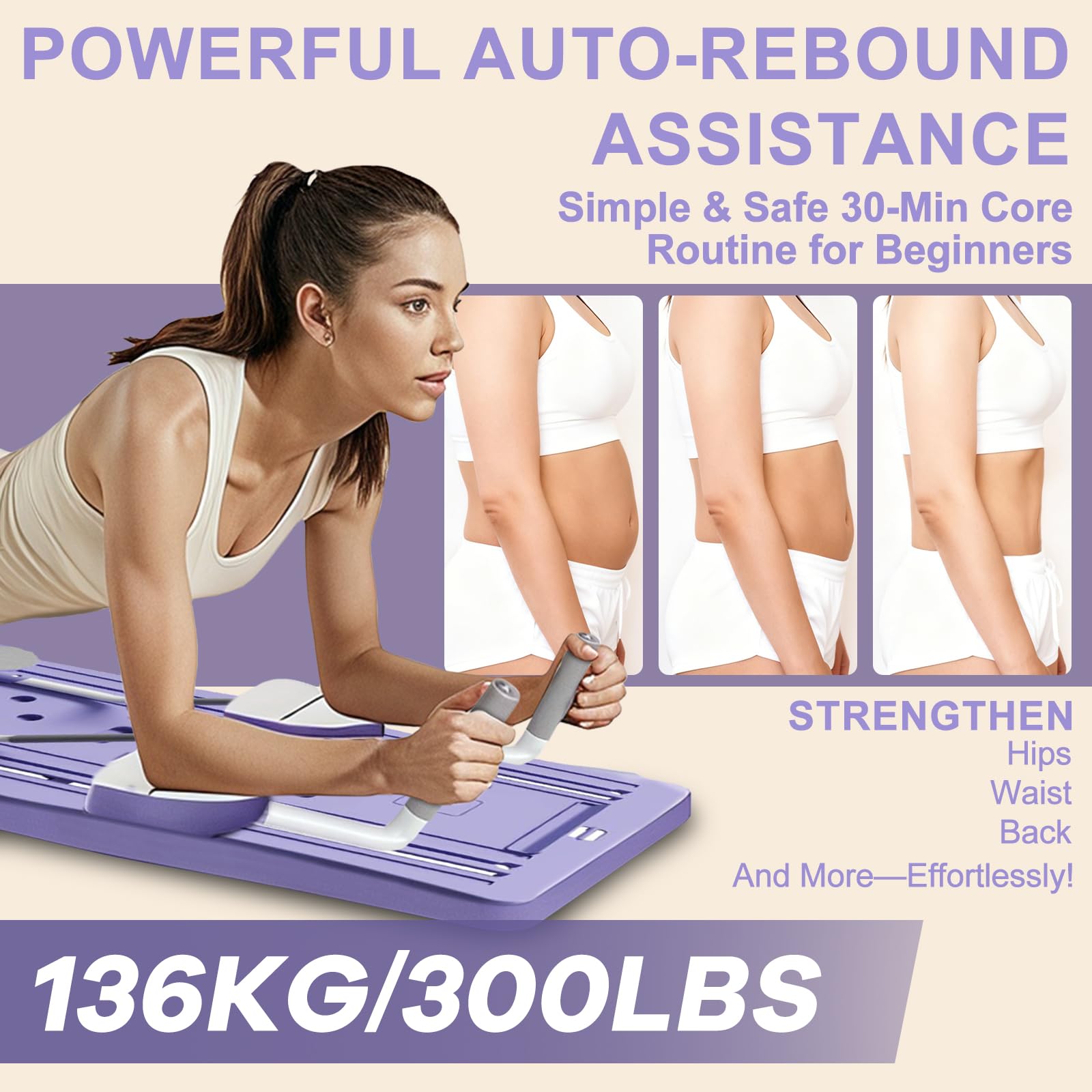 Roadtime Riformatore per pilates pieghevole, con rullo addominale e timer, portatile, multifunzione, con rimbalzo automatico, attrezzatura per allenamento completo del corpo, per casa e palestra