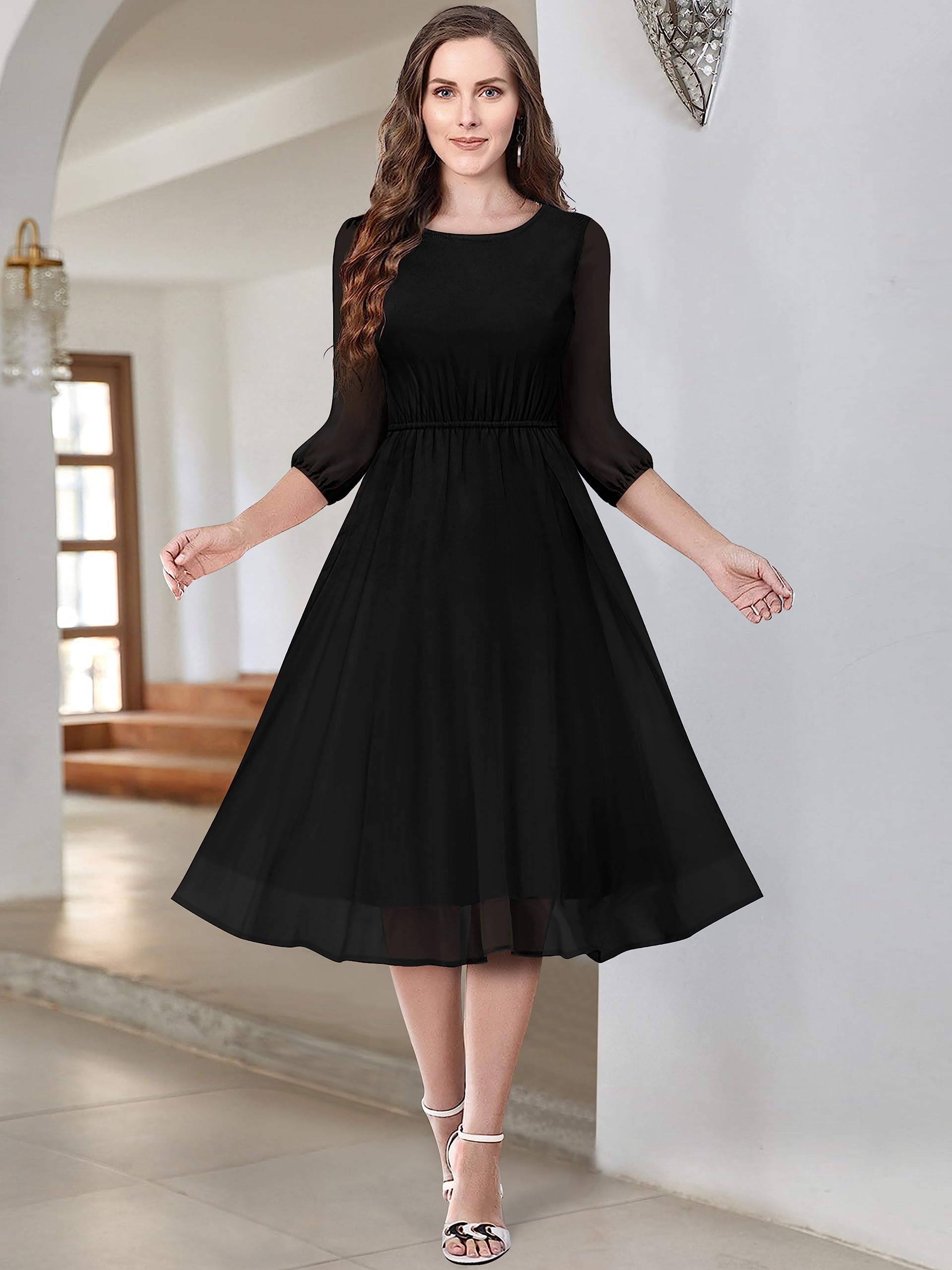 Toochki Women's Black Georgette Solid Fit & Flared Western Dress | Dress For Women | A Line Dress | Winter Dress | Western Dress | Latest Women Dress | Trendy Dress | Midi Dress