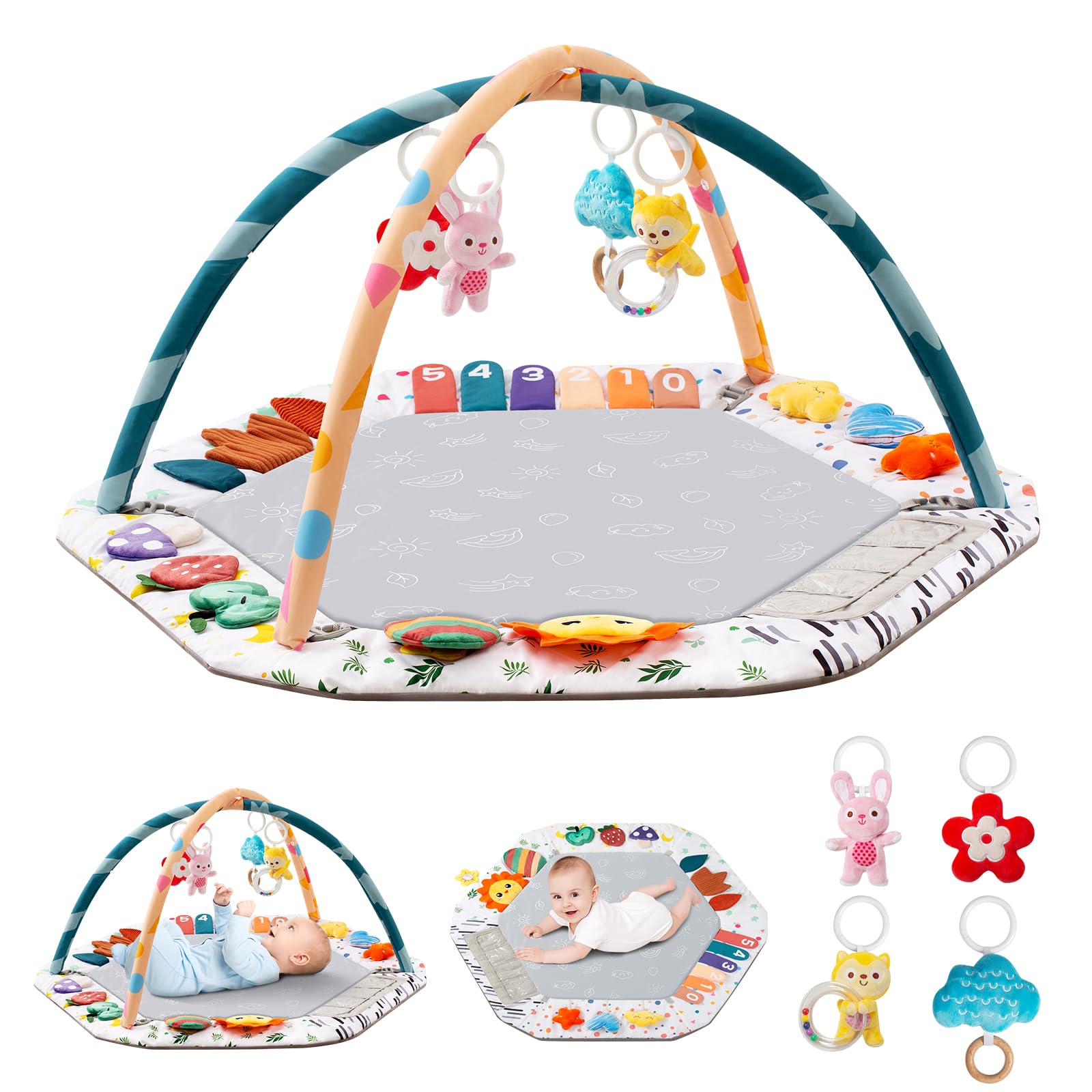 Baby Play Gym Mat 6 Development Zones Tummy Time Mat Baby Activity Pad with 4 Detachable Toys for