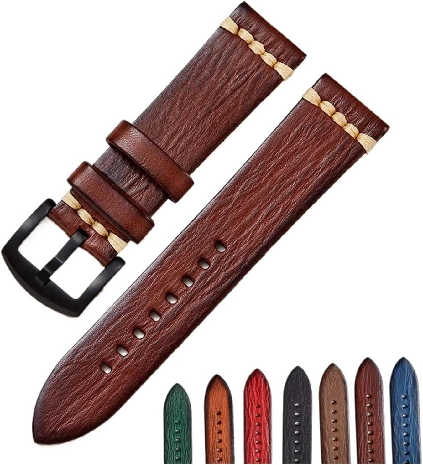 HuanJ 18mm 20mm 22mm 24mm Handmade Leather Watch Strap Vintage Vegetable Tanned Band Men Women Bracelet