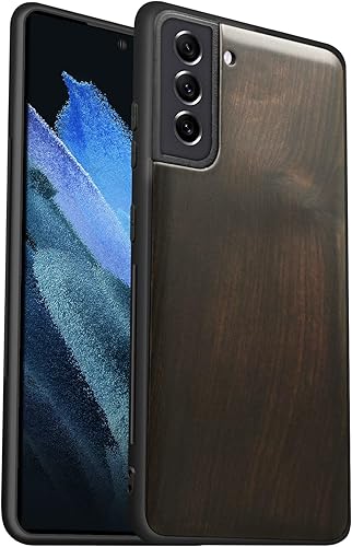 Miniatura 1 de Carveit Funda de madera para Galaxy S21 FE 2022 madera real dura y TPU negro suave a prueba de golpes, funda protectora híbrida única y elegante de