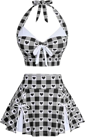 ROSE GAL Women Plus Size Retro Bikini Gingham Two Piece Swimsuit with Skirt Halter Tummy Control Bathing Suit