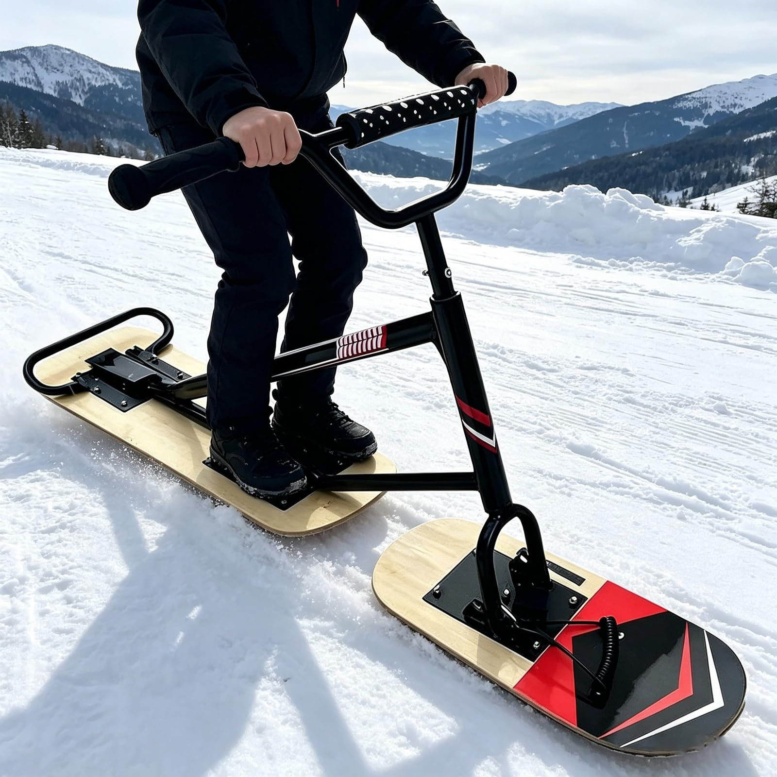 Monopattino da Neve per Adulti, Monopattino da Neve all-Terrain con Design Girevole a 360°, capacità di Carico di 150 kg, Sci da Neve per Tutti I Terreni per L'entroterra Woodcolor