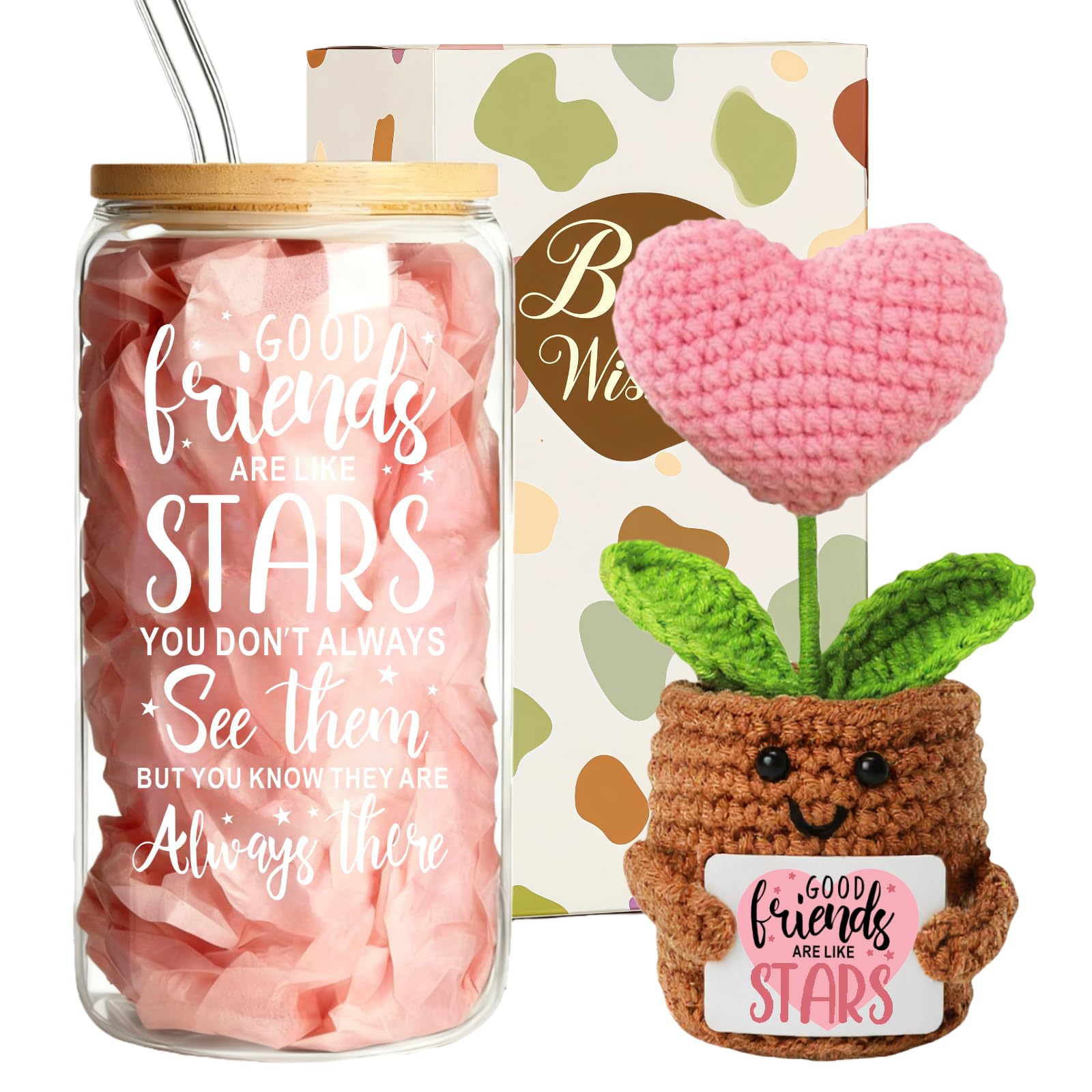 MEIMUCUL Friendship Gifts for Women,Glasses Personalised Gifts for Friends, Positive Birthday Gifts for Best Friend,Sisters,Bestie Present with Crochet Flowers,Special Friend Gifts Set