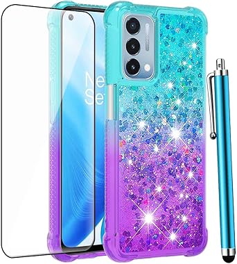 for OnePlus Nord N200 5G Case with Tempered Glass Screen Protector,Glitter Bling Flowing Liquid Sparkle Soft TPU Shockproof Protective Case Women Girls for OnePlus Nord N200 5G - Blue/Purple