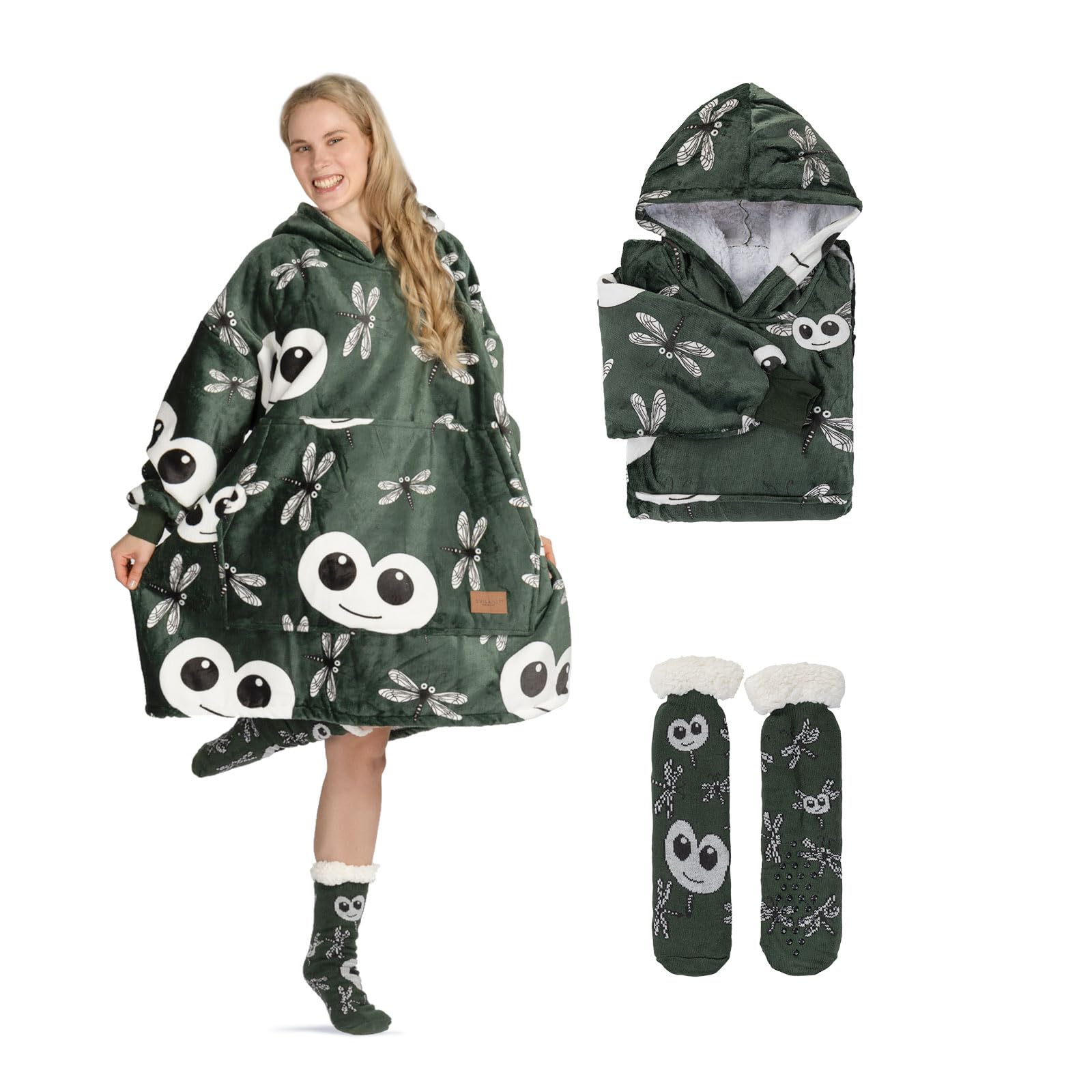 VITAPUR Felpa Coperta con Cappuccio con Calzini XXL Coperta Indossabile in Sherpa - Oversize Blanket Hoodie con Maniche per Donna e Uomo - Morbida e Calda per Divano e Casa