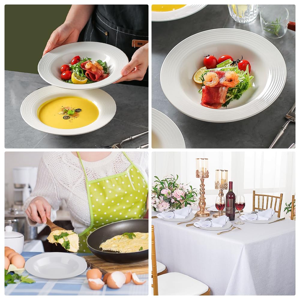 6 Piezas Platos Hondos de Plástico 22,5 cm Platos de Pasta Platos Plastico Duro Reutilizables para Fideos, Ensaladas, Sopas, Reutilizable, Blanco