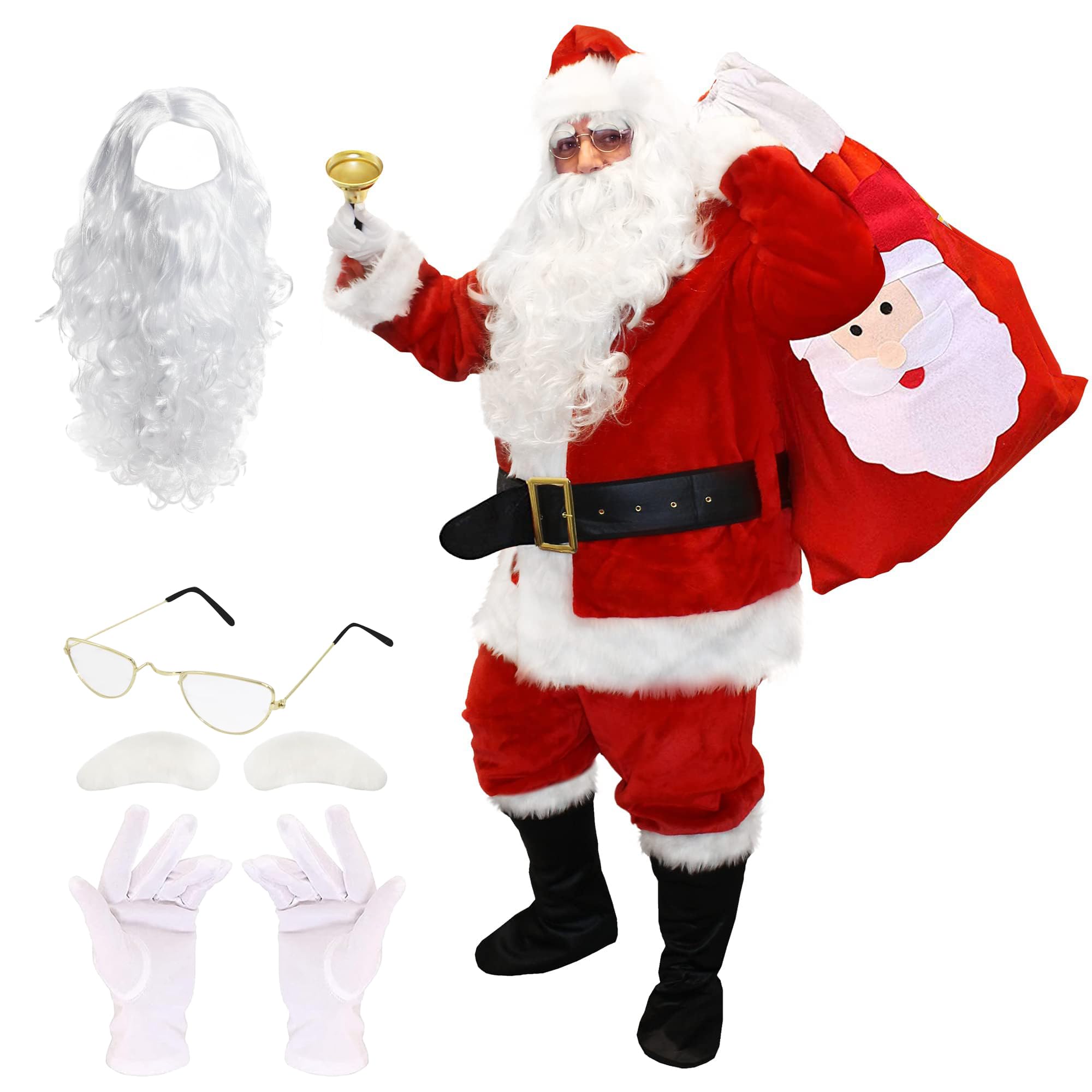 Adults Santa Claus Christmas Costume - XL/2XL - Jacket, Trousers, Hat, Belt, Boot Covers, Wig, Beard, Glasses, Gloves, Eyebrows, Sack, Bell - 12 Piece Father Christmas Festive Xmas Fancy Dress Costume