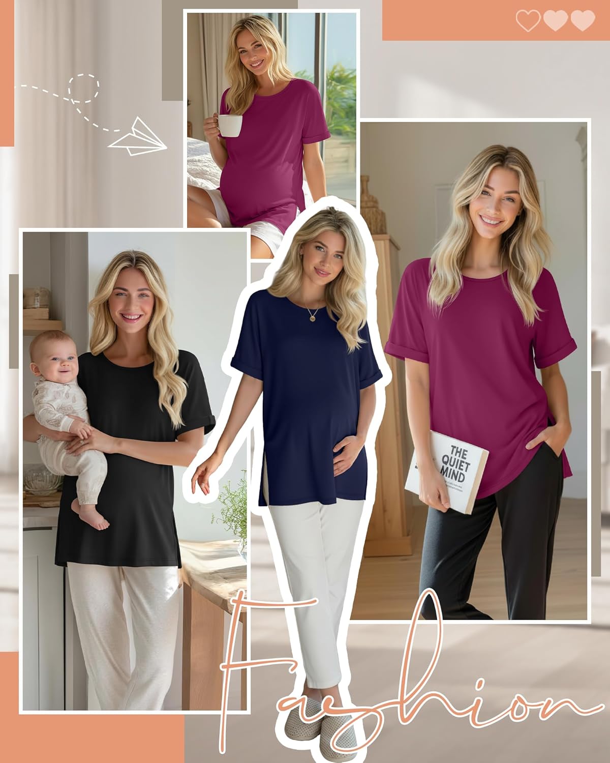 Ficerd 3 Pack Women's Maternity Shirts Half Sleeve Loose Pregnancy Tops Crew Neck Side Split Pregnant Clothes - Image 5