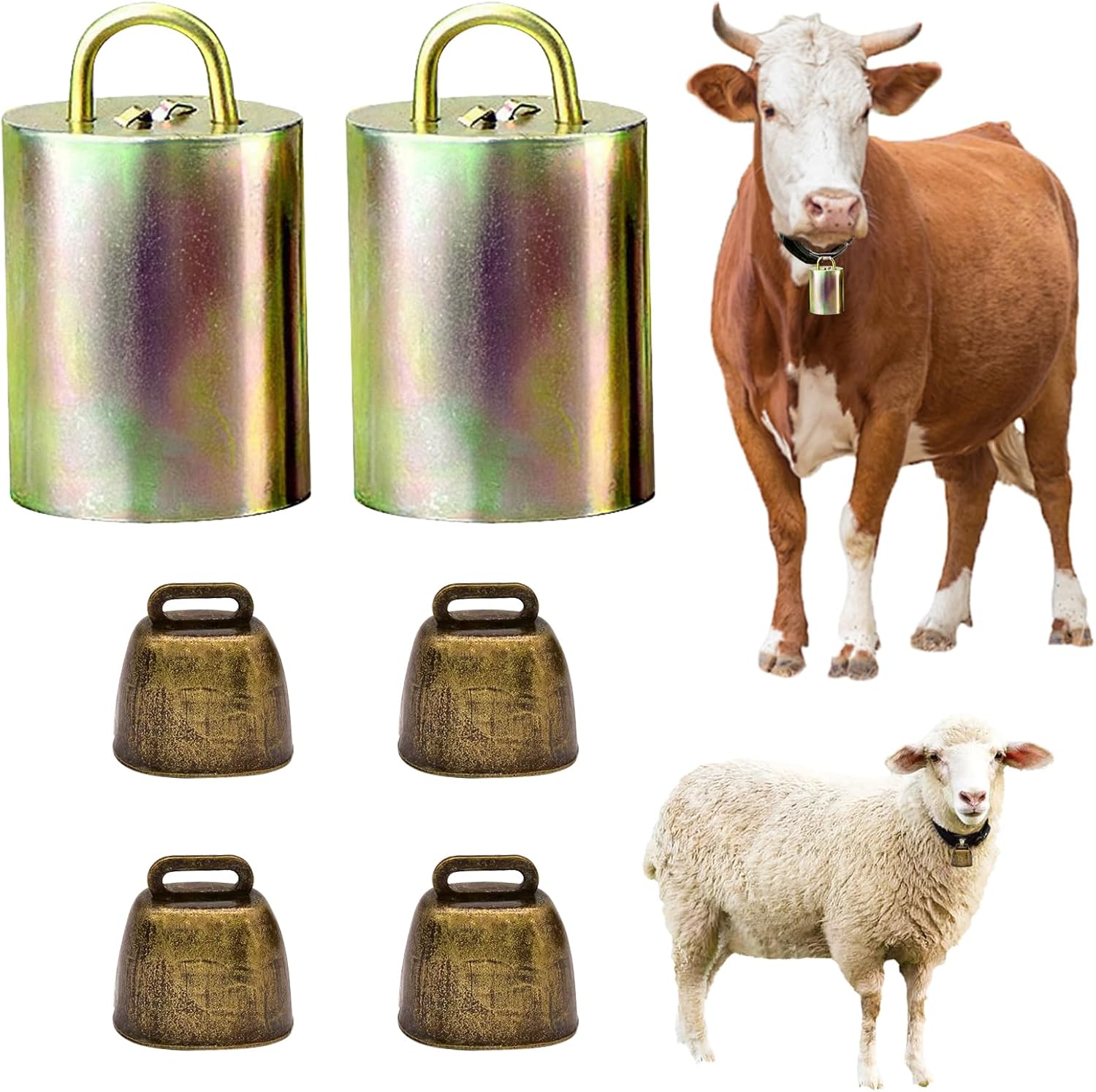 MJMX Large and Small Animal Bells Set – 2 Stainless Steel Large Bells + 4 Antique Bronze Small Bells for Cattle, Sheep, Pigs, Horses, and Pets – Loud, and Rust-Resistant