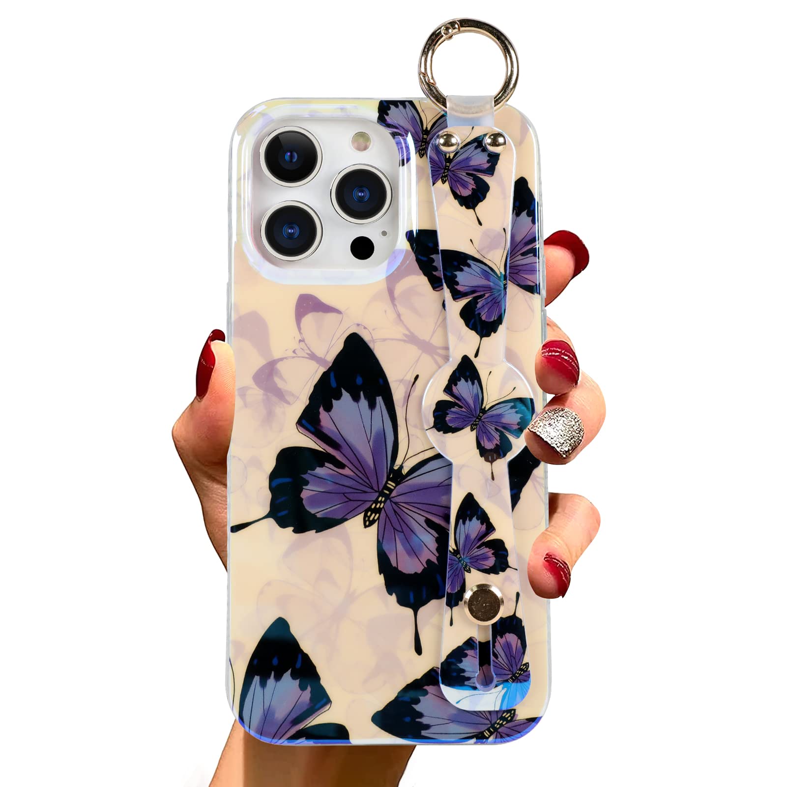 Marphe Designed for iPhone 14 Pro Max Case Luxury with Wrist Strap Holder Laser Glitter Purple Butterfly Pattern Soft Shockproof Bumper Wristband Phone Case Cover for Women Girls Lady