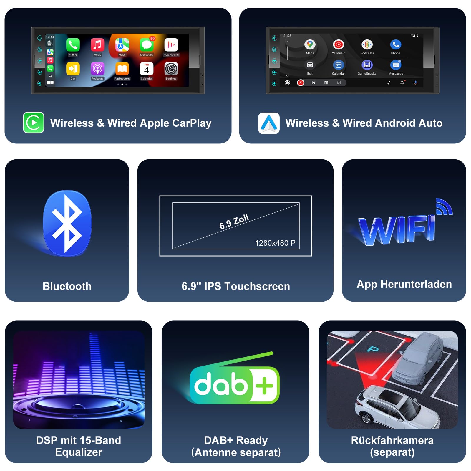 Android Autoradio 1Din mit Bildschirm,Wireless CarPlay & Android Auto Radio Touch Display mit Bluetooth Navi WiFi,FM/AM/RDS Radio