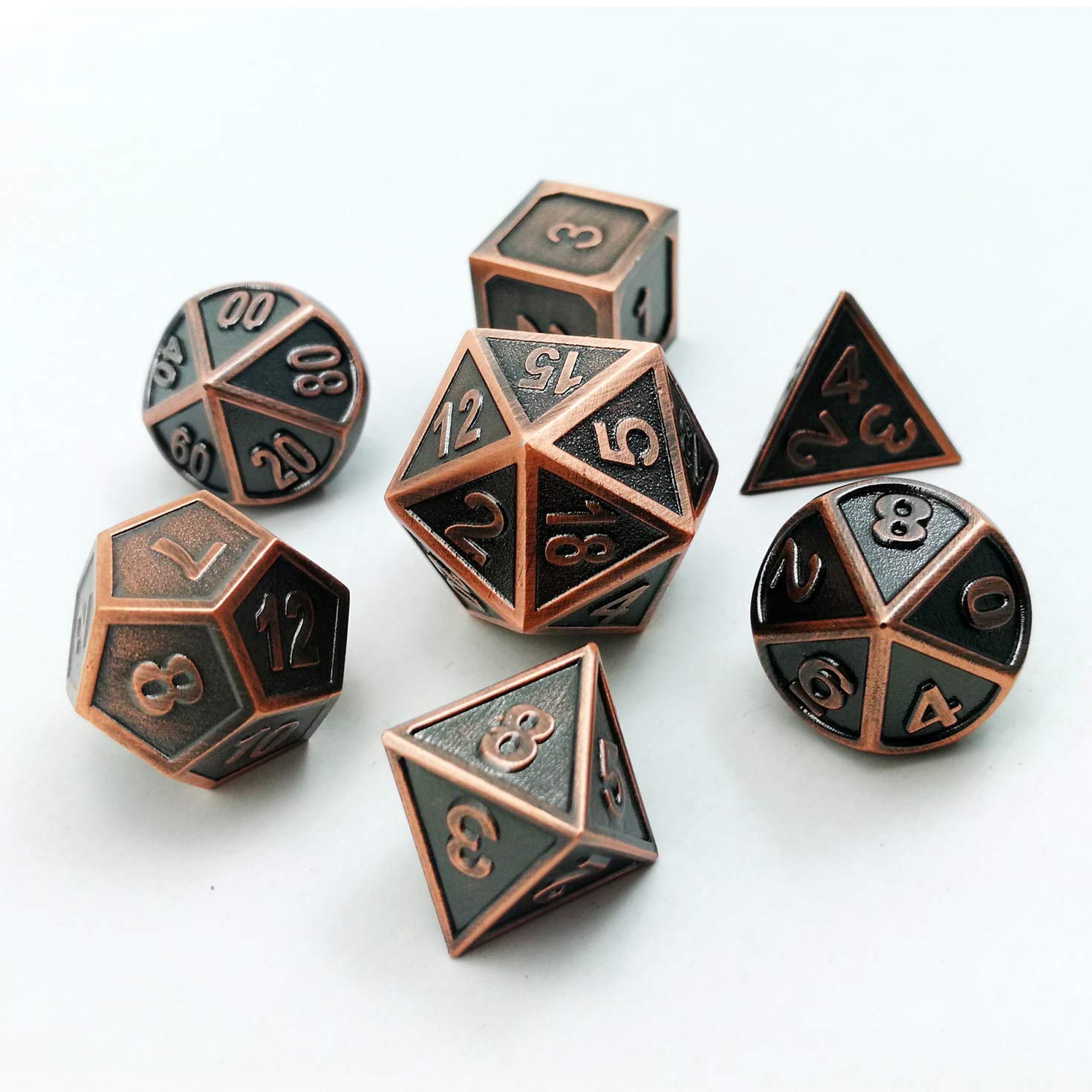 Bescon Antique Copper Solid Metal Polyhedral Dice Set of 7 Copper, Metallic RPG Role Playing Game Dice 7pcs Set D4-D20