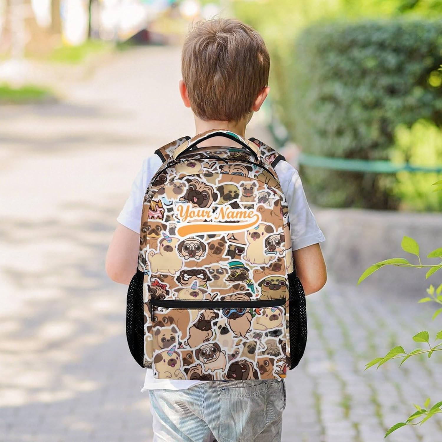 Custom Pug Dog Backpack for Kids, 17 Inch Cute Backpacks for Kindergarten, Black Lightweight Bookbag for Girls, Boys