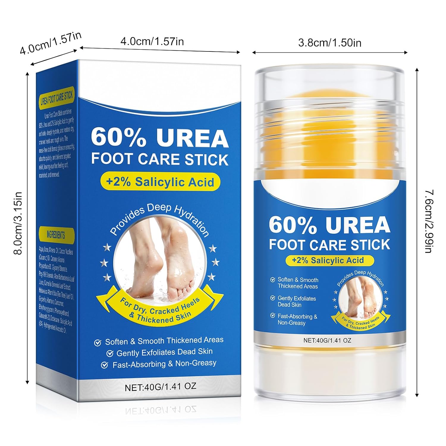 60% Urea Cream with 2% Salicylic Acid, Maximum Strength Urea Foot Cream for Dry, Cracked Feet and Heels, Urea Foot Care Stick for Callus Removal, Rapidly Softens Rough Skin-1.41 oz(2pcs)